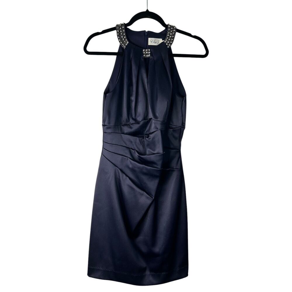 Eliza J Dress Womens Size 6 Blue Satin Embellished Halter Neck Cocktail Formal